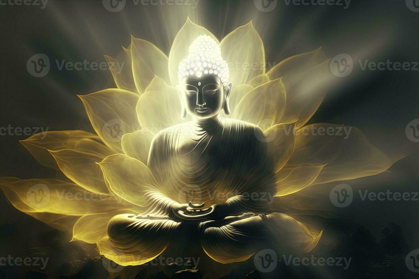 Beautiful light spectrum Buddha's light flashing, Bright red, yellow lotus flower, burning cloud-like petals, surrounded by magic chaos light, white smoke, falling reflected light, water pattern. photo