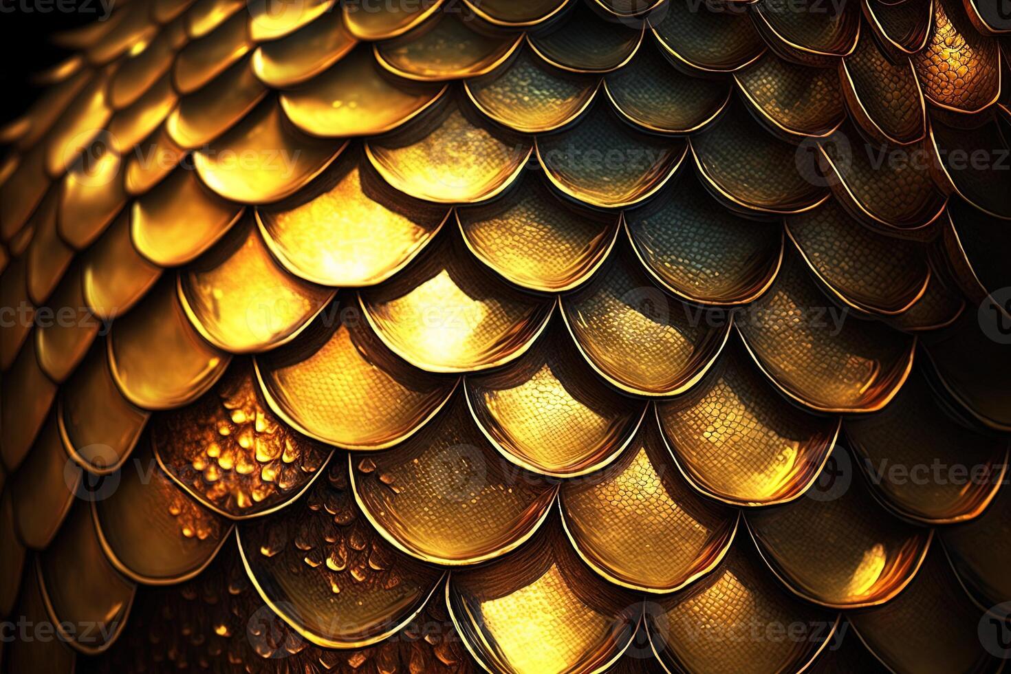 Dragon scales background - gold shining shells . Simple background made of dragon scale armor illustration . photo