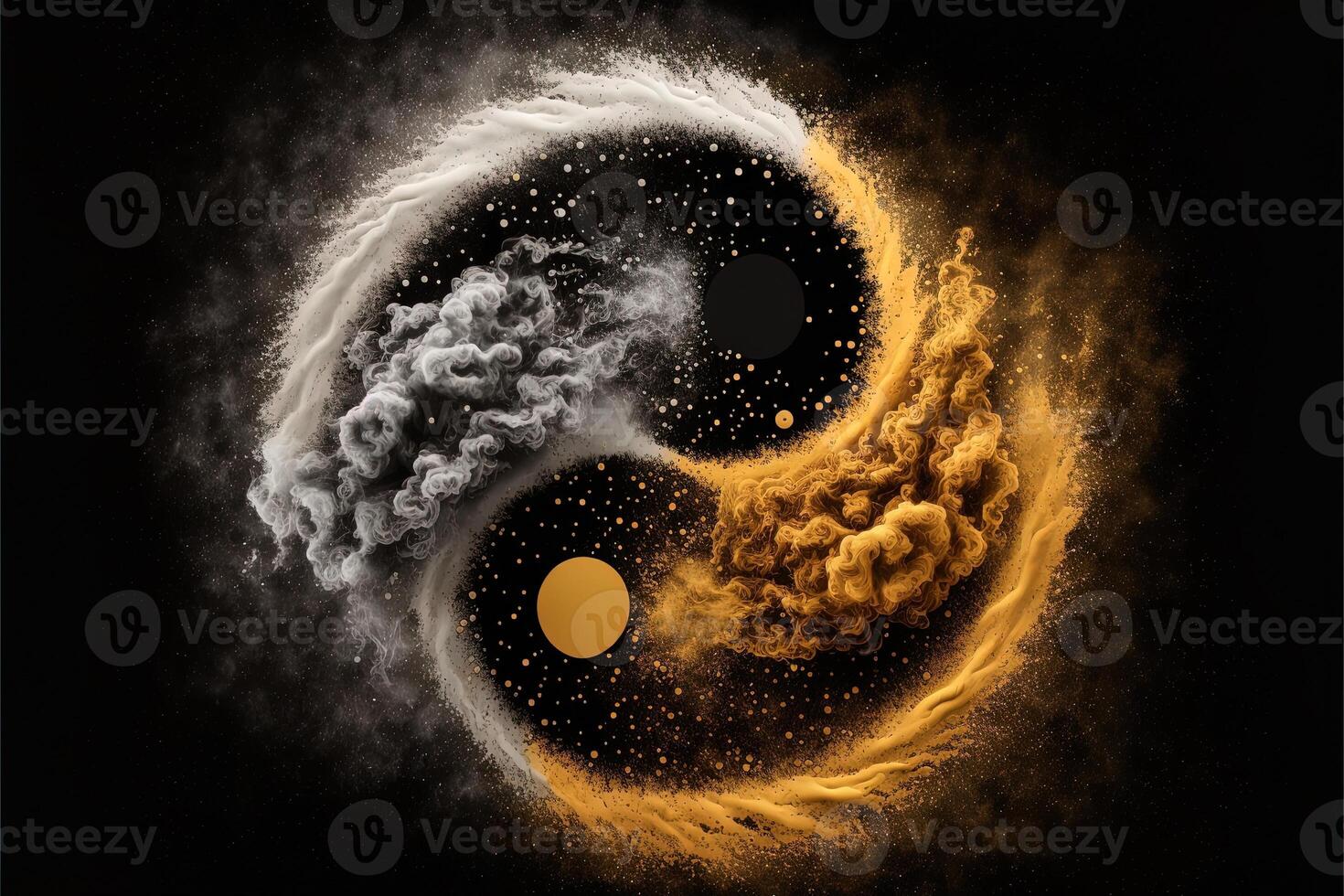 dorado y negro yin yang símbolo con flotante polvo en negro antecedentes. abstracción, budismo, hinduismo, símbolo, religión, equilibrar concepto. generativo ai foto