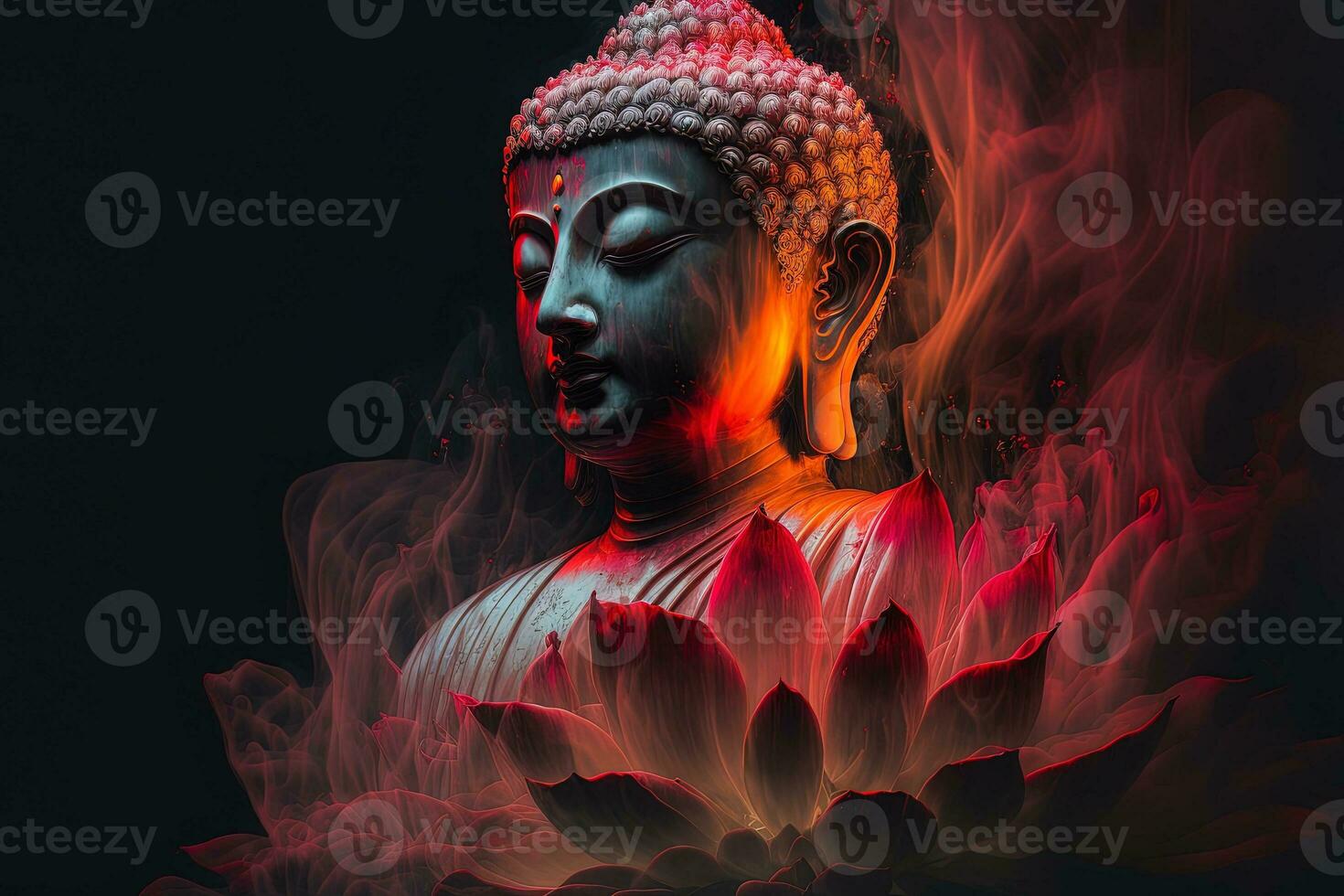 Beautiful light spectrum Buddha's light flashing, Bright red, yellow lotus flower, burning cloud-like petals, surrounded by magic chaos light, white smoke, falling reflected light, water pattern. photo