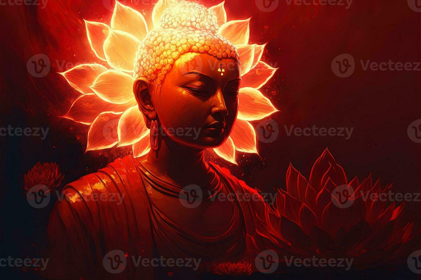 Beautiful light spectrum Buddha's light flashing, Bright red, yellow lotus flower, burning cloud-like petals, surrounded by magic chaos light, white smoke, falling reflected light, water pattern. photo