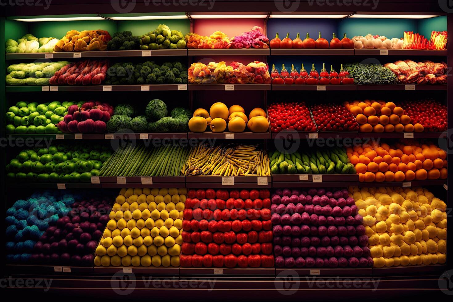 Vegetable farmer market counter colorful various fresh organic healthy vegetables at grocery store. Healthy natural food concept. photo