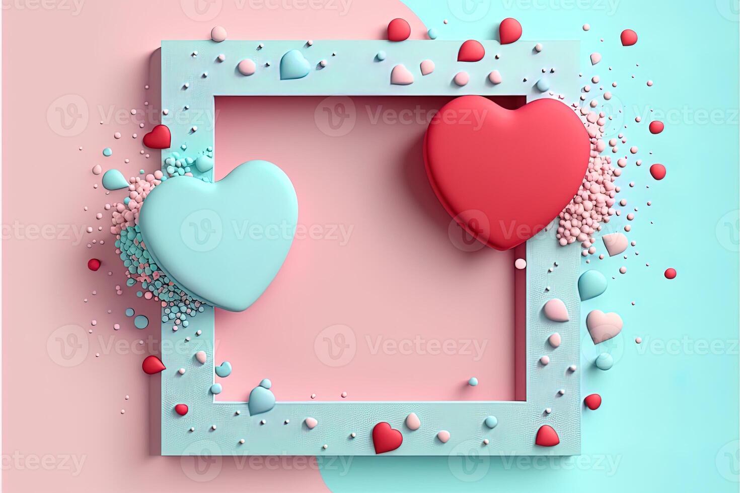 Valentine frame and banner. Red, blue, cyan, pink decoration. flat lay, romantic. Love and valentine day concept. photo