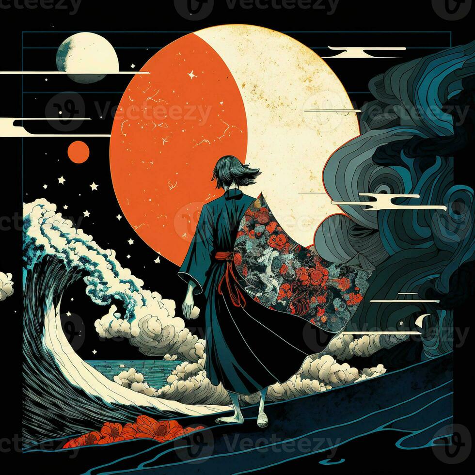 The great wave off kanagawa painting reproduction. Japanese style. Ukiyo-e style painting of the null void changing photo