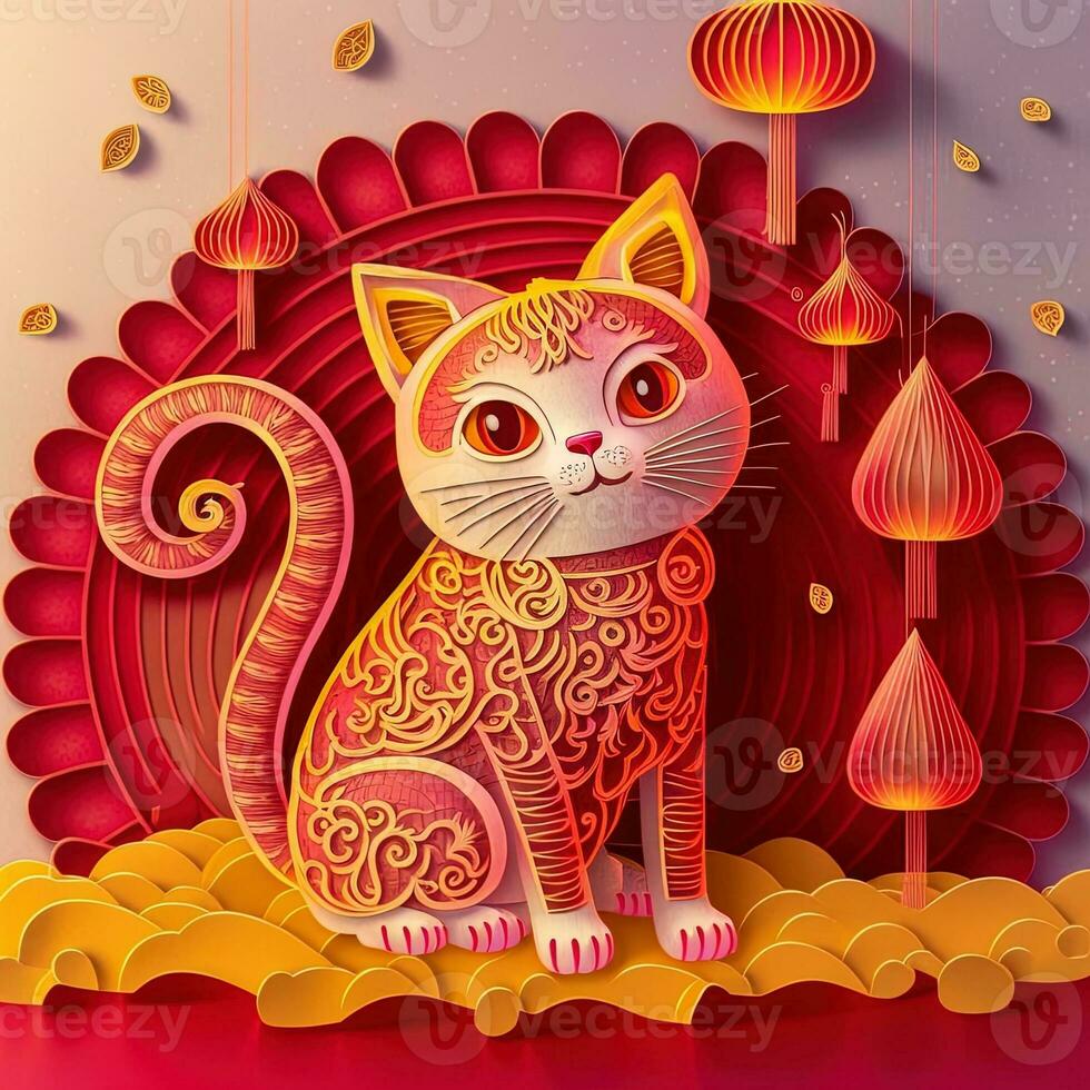 Paper cut quilling multidimensional chinese style cute zodiac cat with lanterns, blossom peach flower in background, chinese new year. Lunar new year 2023 concept photo