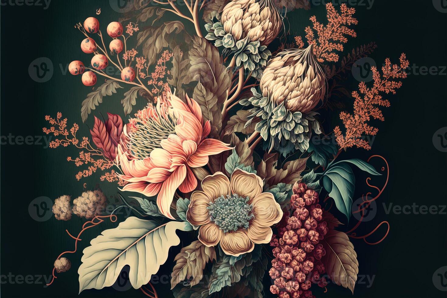 beautiful fantasy vintage wallpaper botanical flower bunch,vintage motif for floral print. photo
