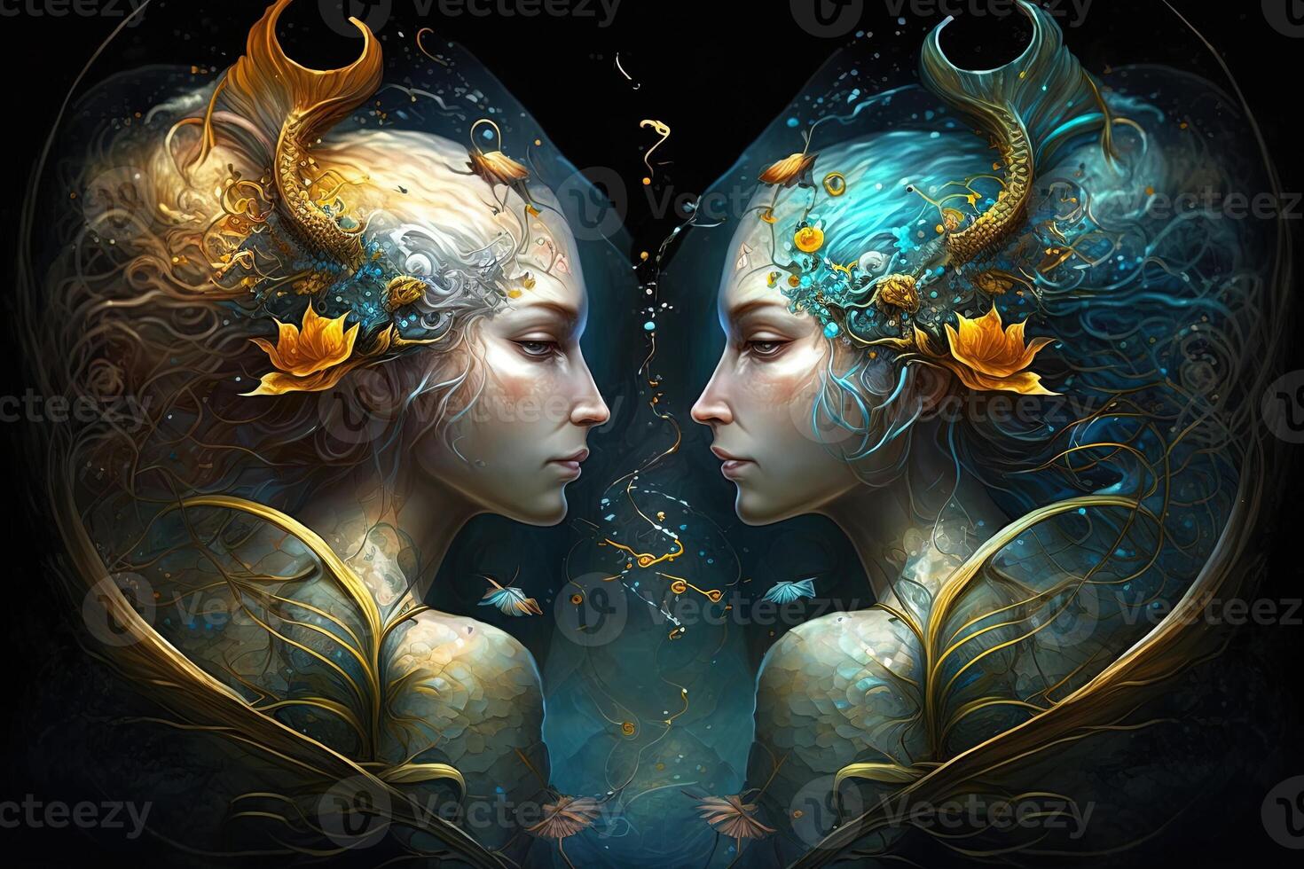 Backdrop of sacred zodiac Gemini symbols, astrology, alchemy, magic, sorcery and fortune telling. digital painting. Zodiac sign Gemini on the starry sky close up photo