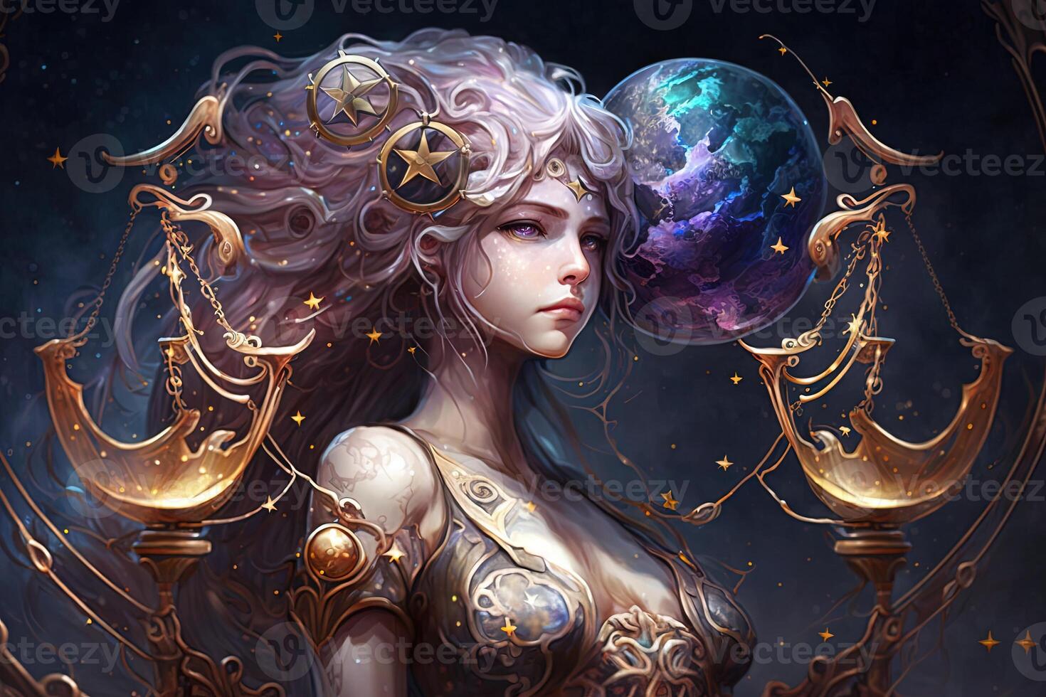 Backdrop of sacred zodiac Libra symbols, astrology, alchemy, magic, sorcery and fortune telling. digital painting. Zodiac sign Libra on the starry sky close up photo