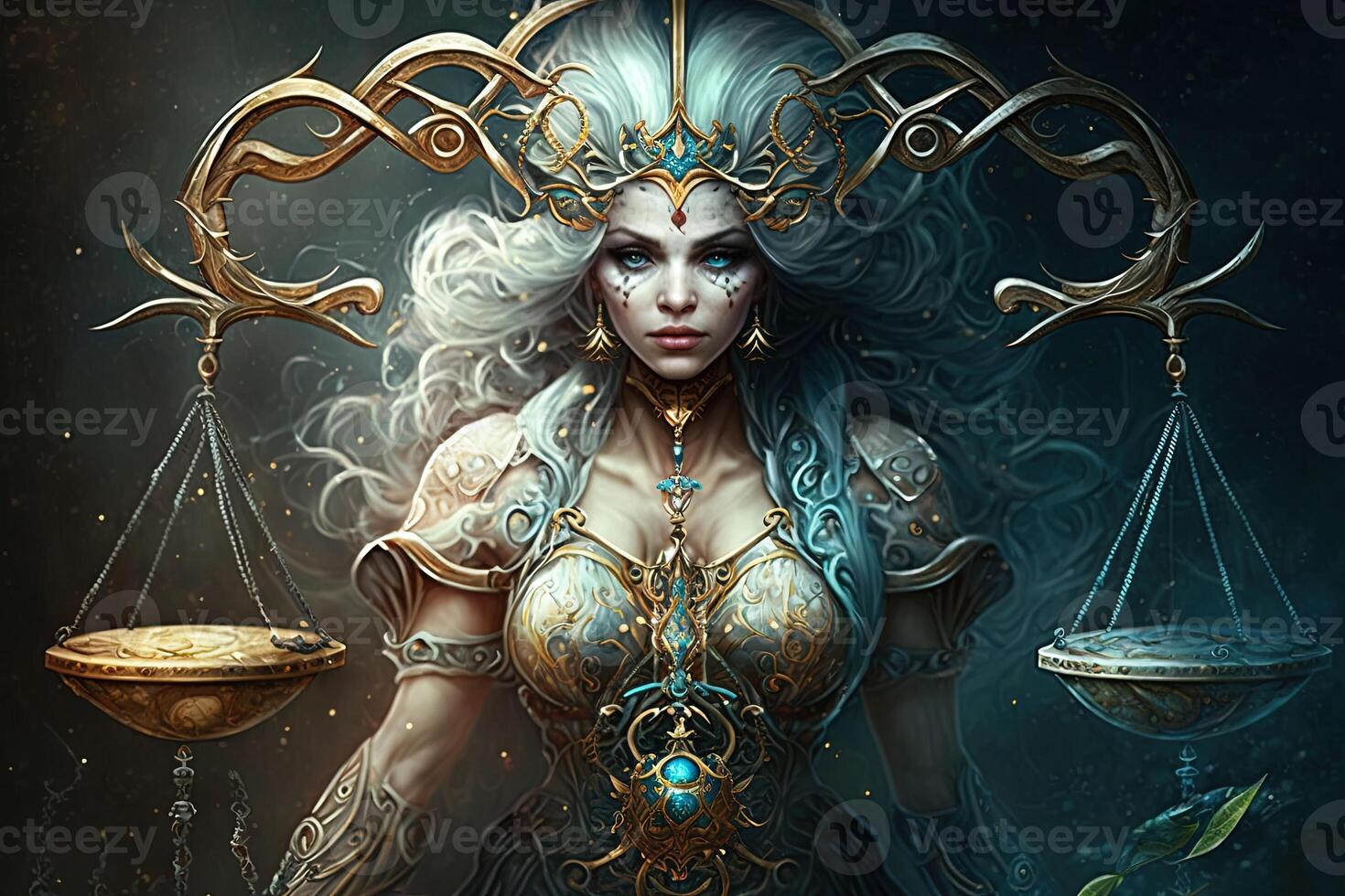 Backdrop of sacred zodiac Libra symbols, astrology, alchemy, magic, sorcery and fortune telling. digital painting. Zodiac sign Libra on the starry sky close up photo