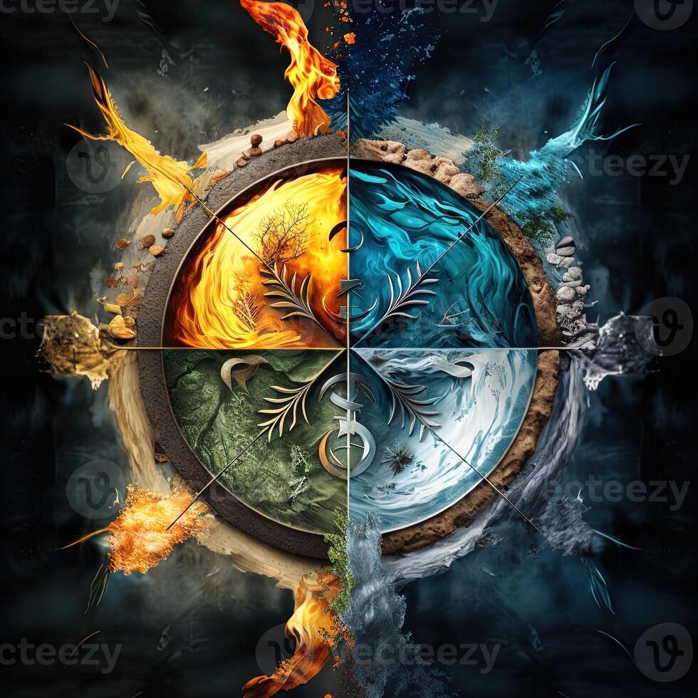 Four elements compass. . Colorful magical fantasy compass, four elements earth, fire, water, air. photo