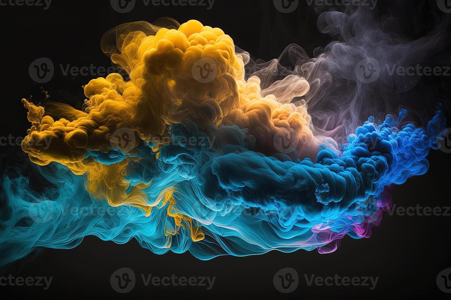 a colorful smoke cloud is shown in this image, it looks like it is floating in the air and is very dark and blue and yellow, with a black background. photo