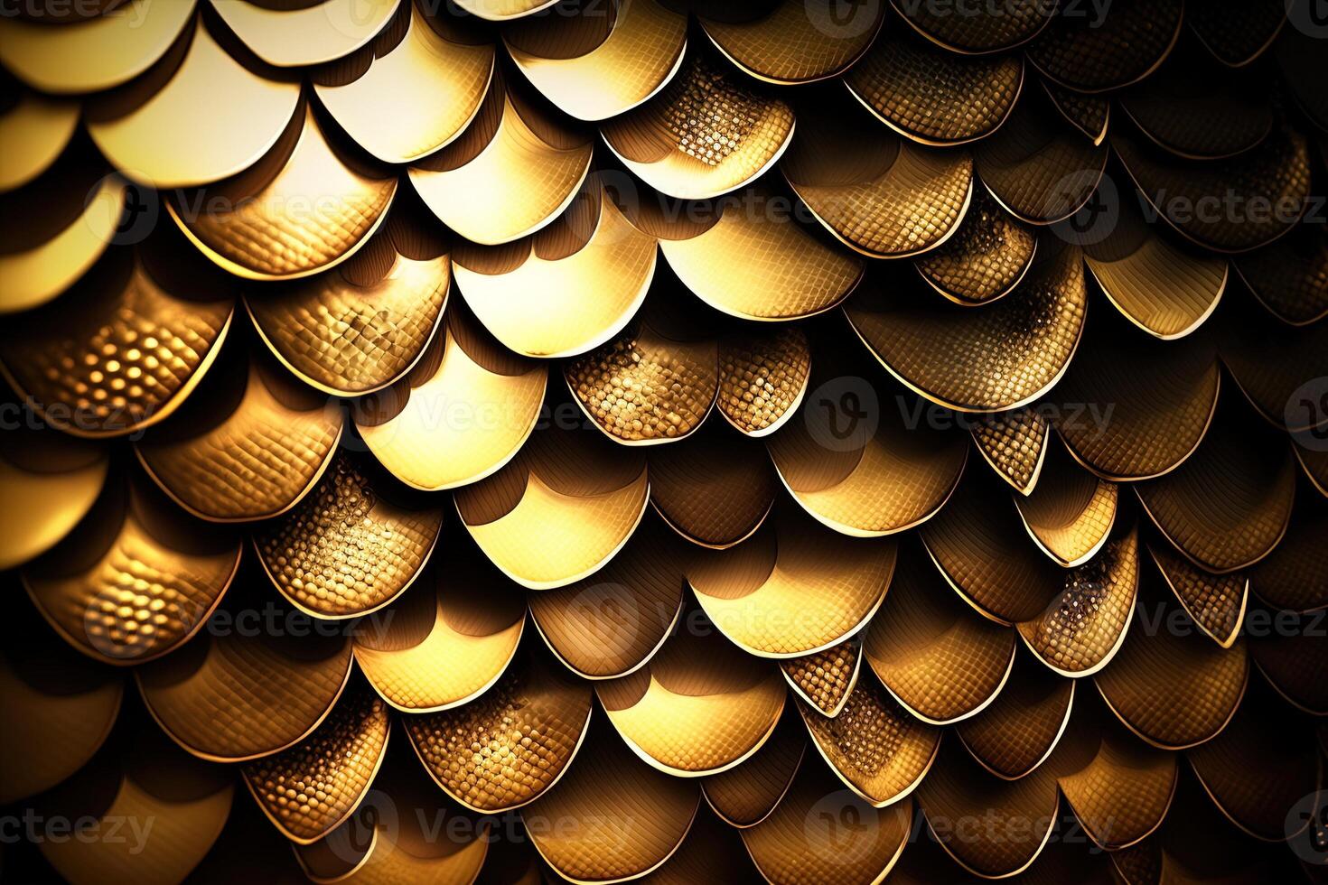 Dragon scales background - gold shining shells . Simple background made of dragon scale armor illustration . photo