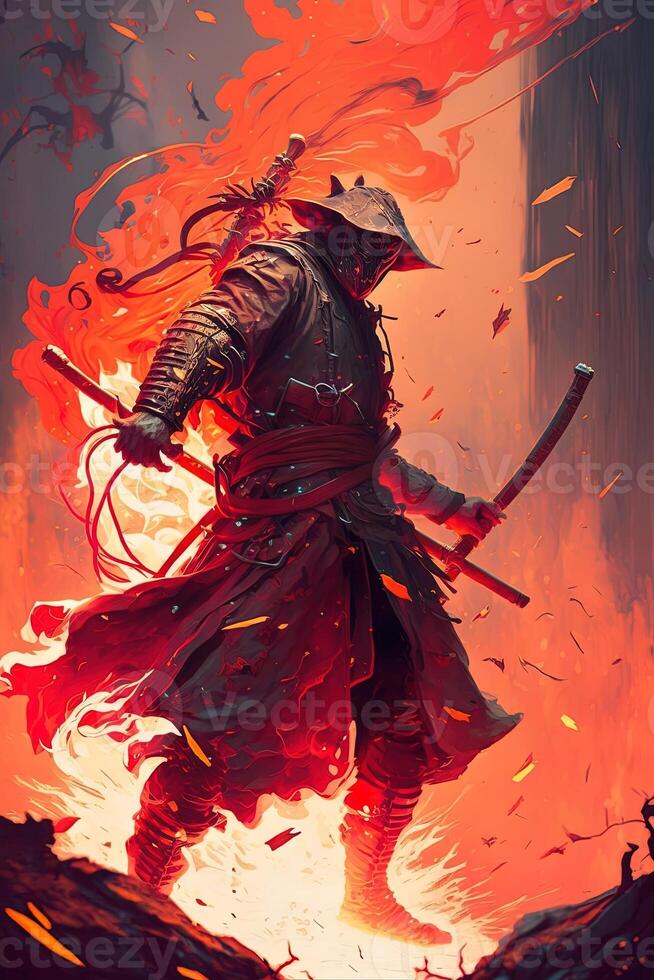A samurai in a demonic red mask on the battlefield makes a swing with a katana creating a sizzling fire ring around, he is a mystical martial. illustration painting photo