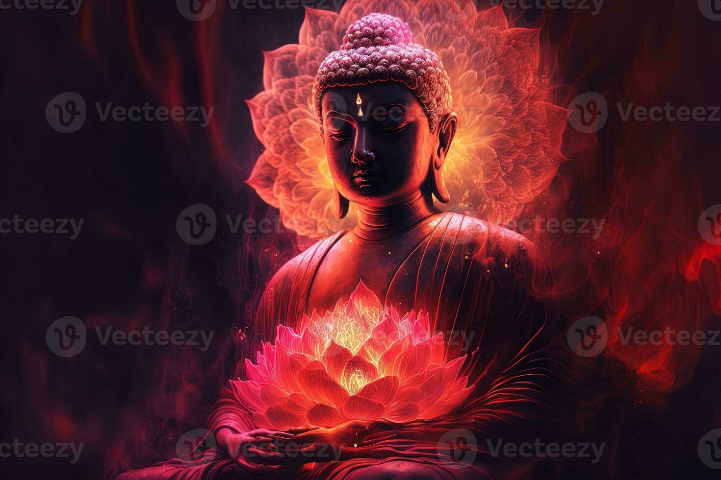 Beautiful light spectrum Buddha's light flashing, Bright red, yellow lotus flower, burning cloud-like petals, surrounded by magic chaos light, white smoke, falling reflected light, water pattern. photo