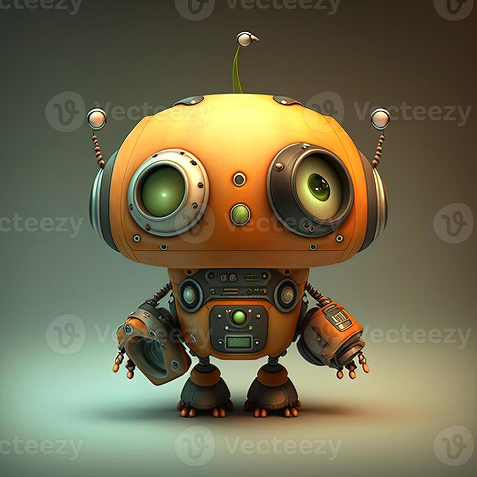 Cute white smiling robotic teen mini unit robot toy gesturing. Cute robot on a white backdrop with a pointing hand and a winking eye. technological idea. photo