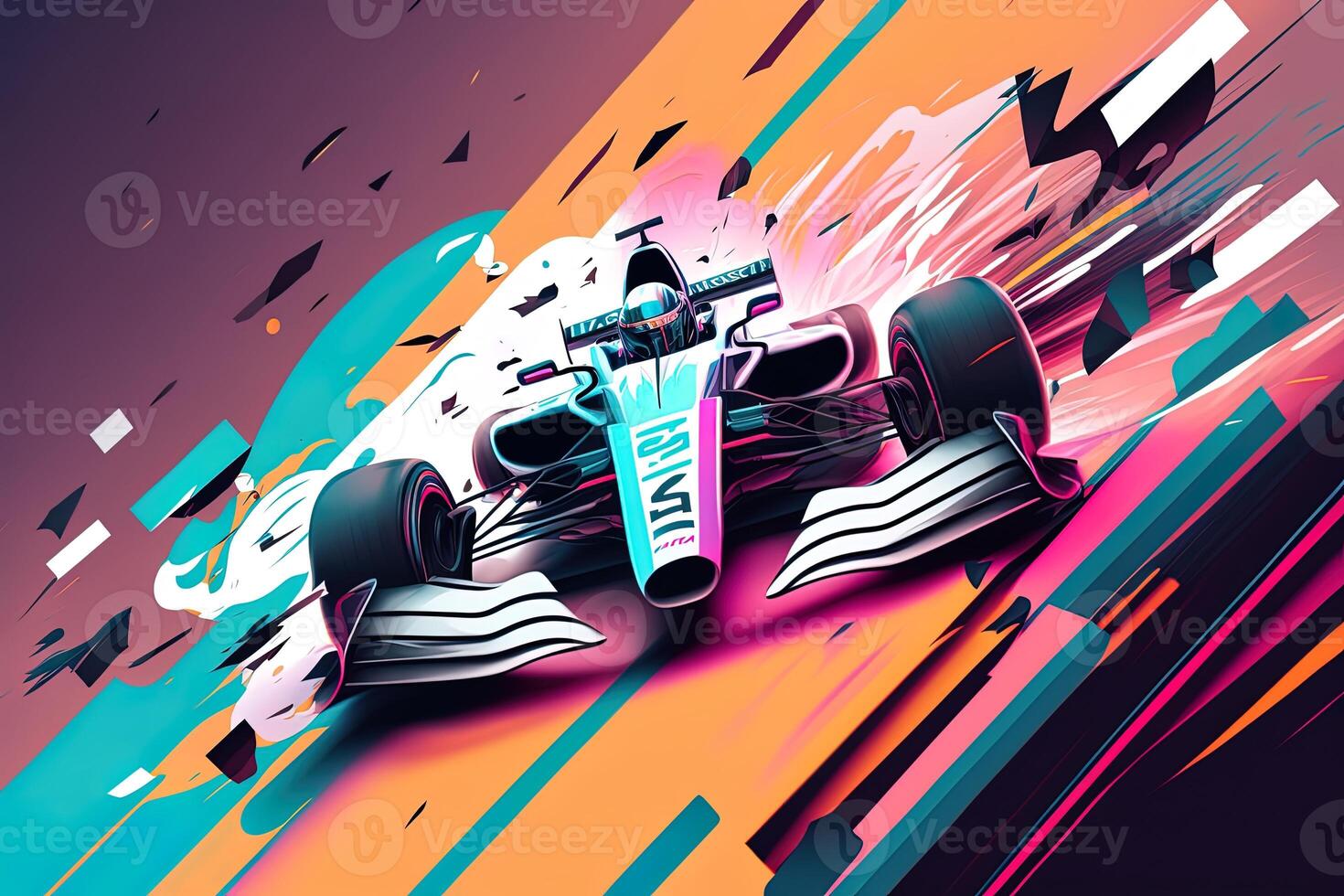 Futuristic racing formula at fast ride to finish. Post product digital illustration. Racing car in motion, Powerful acceleration of a car on a night track with colorful lights and trails photo