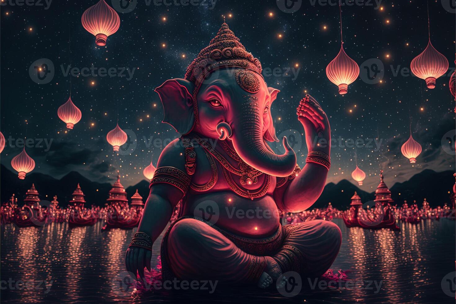 There are many galactic stars in the night sky of a huge massive GANESHA statue, with red lanterns rising in the sky, crowds watching the lantern festival. Ganesha Festival. photo