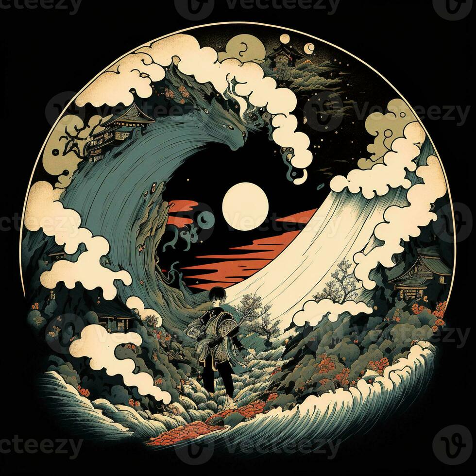 The great wave off kanagawa painting reproduction. Japanese style. Ukiyo-e style painting of the null void changing photo