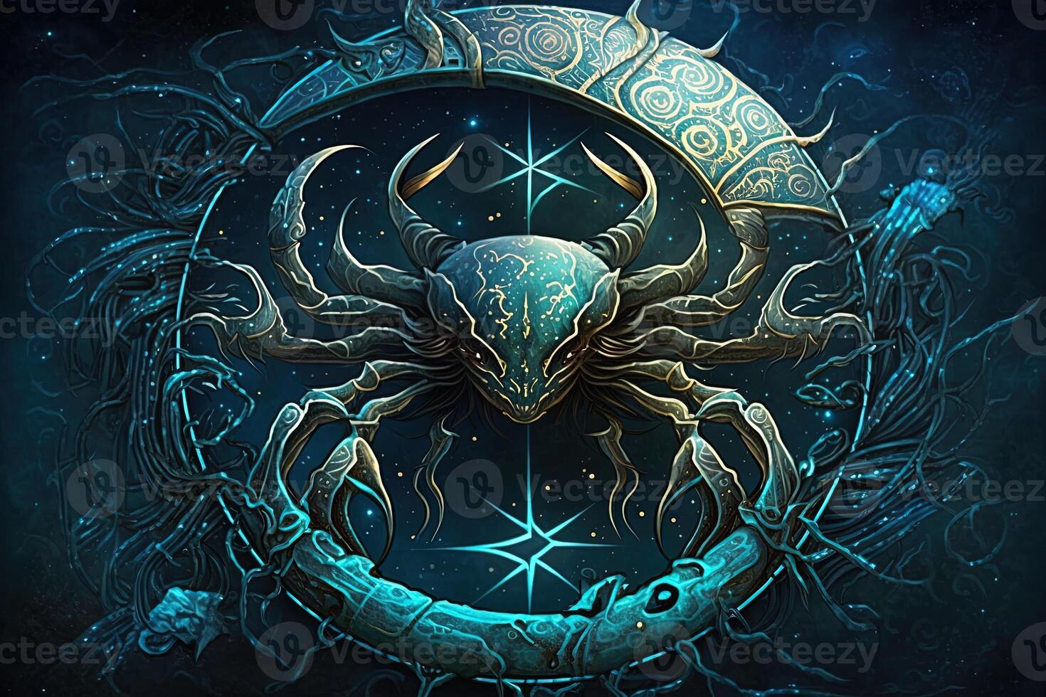 Backdrop of sacred zodiac Cancer symbols, astrology, alchemy, magic, sorcery and fortune telling. digital painting. Zodiac sign Cancer on the starry sky close up photo