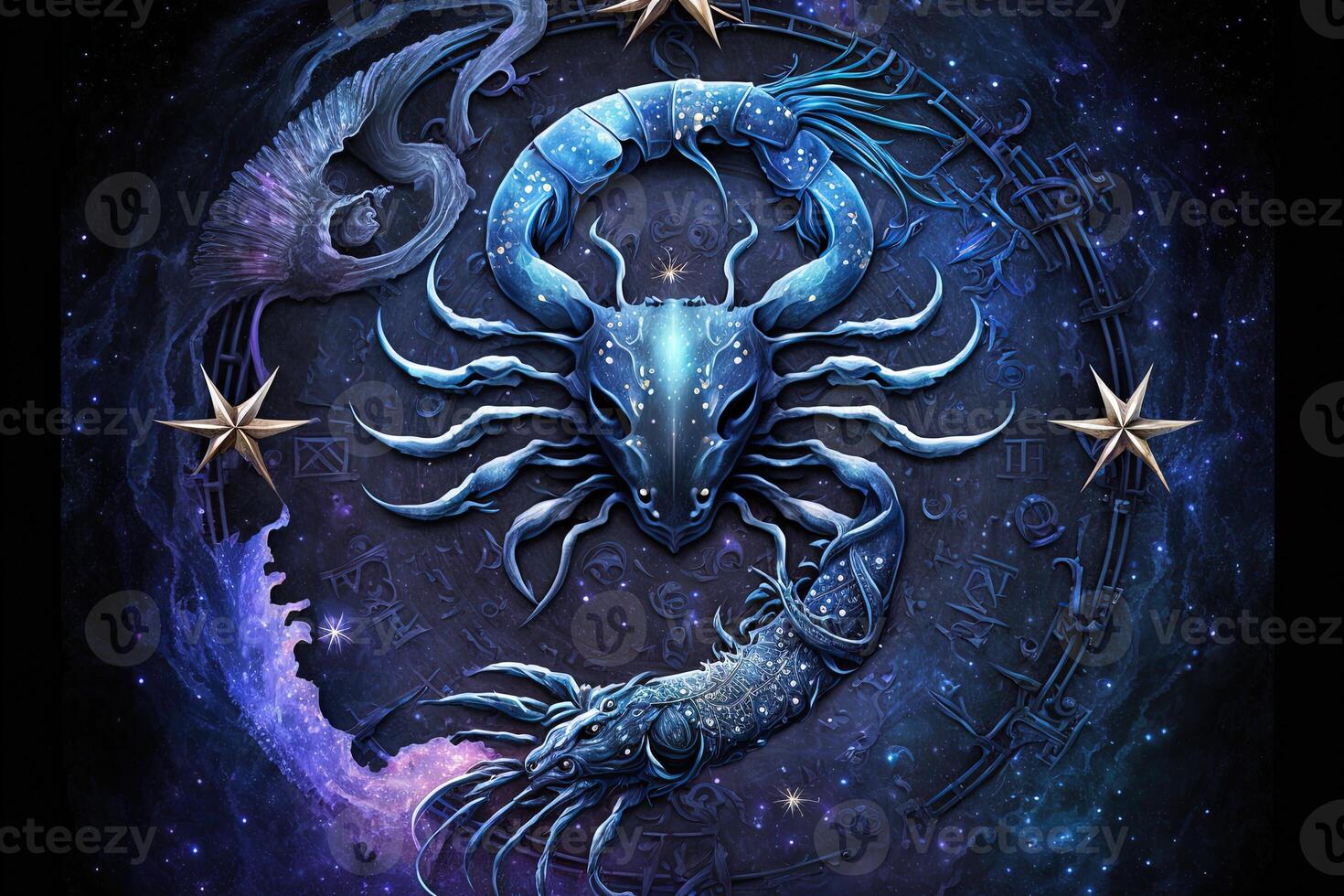 Backdrop of sacred zodiac Cancer symbols, astrology, alchemy, magic, sorcery and fortune telling. digital painting. Zodiac sign Cancer on the starry sky close up photo