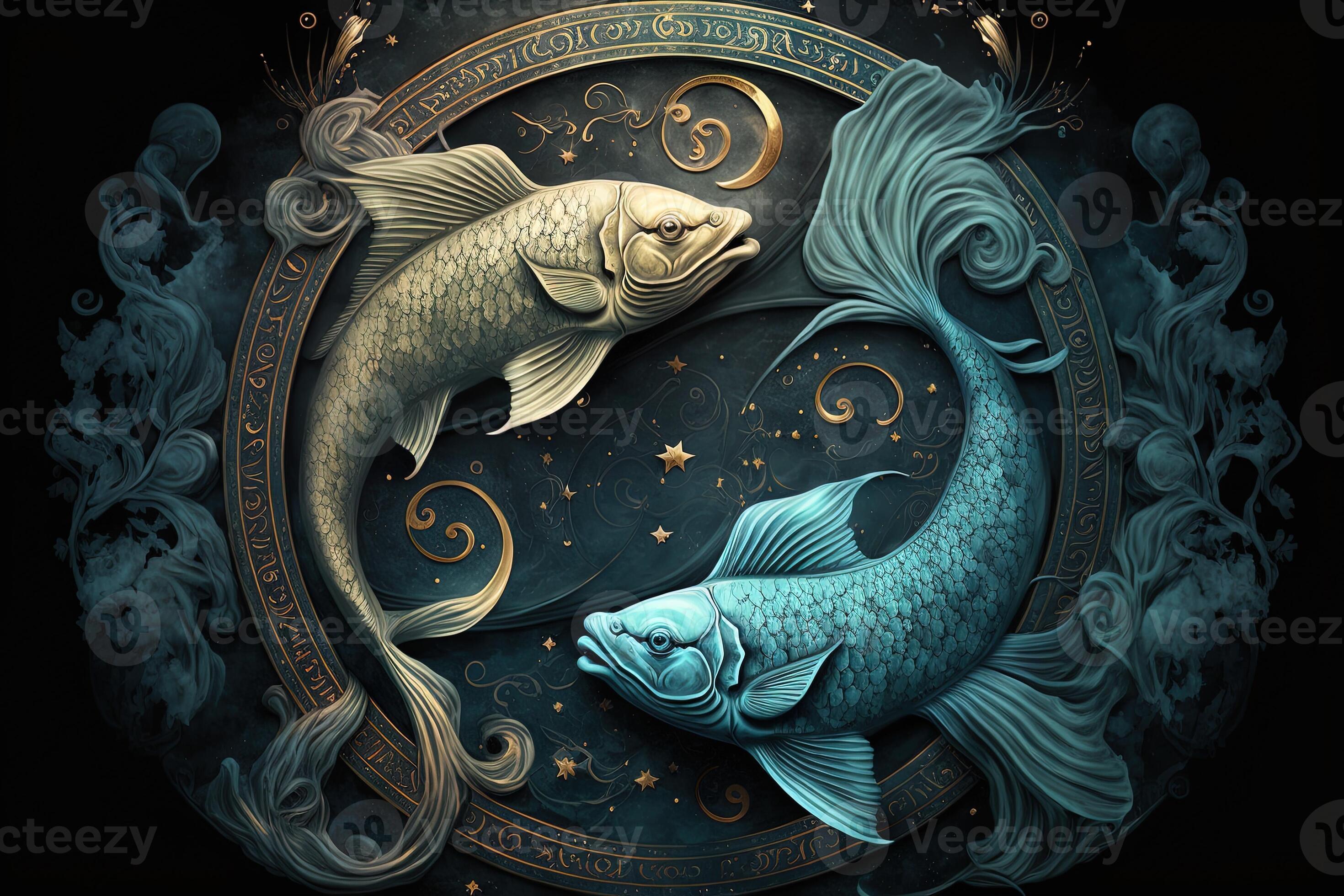 Backdrop of sacred zodiac Pisces symbols, astrology, alchemy, magic