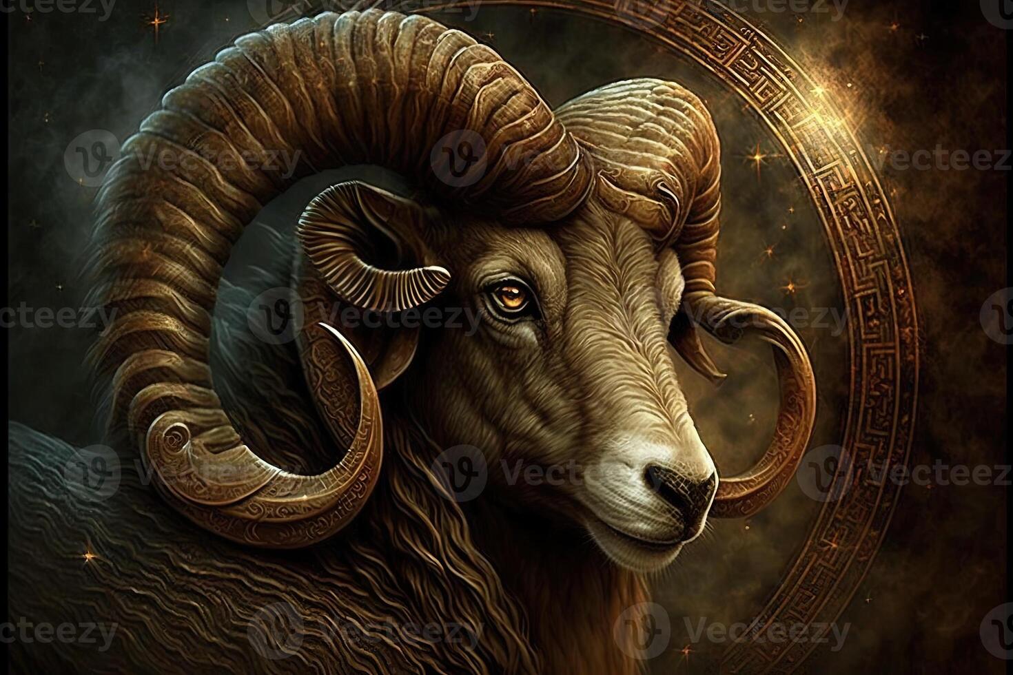 Backdrop of sacred zodiac Aries symbols, astrology, alchemy, magic, sorcery and fortune telling. digital painting. Zodiac sign Aries on the starry sky close up photo