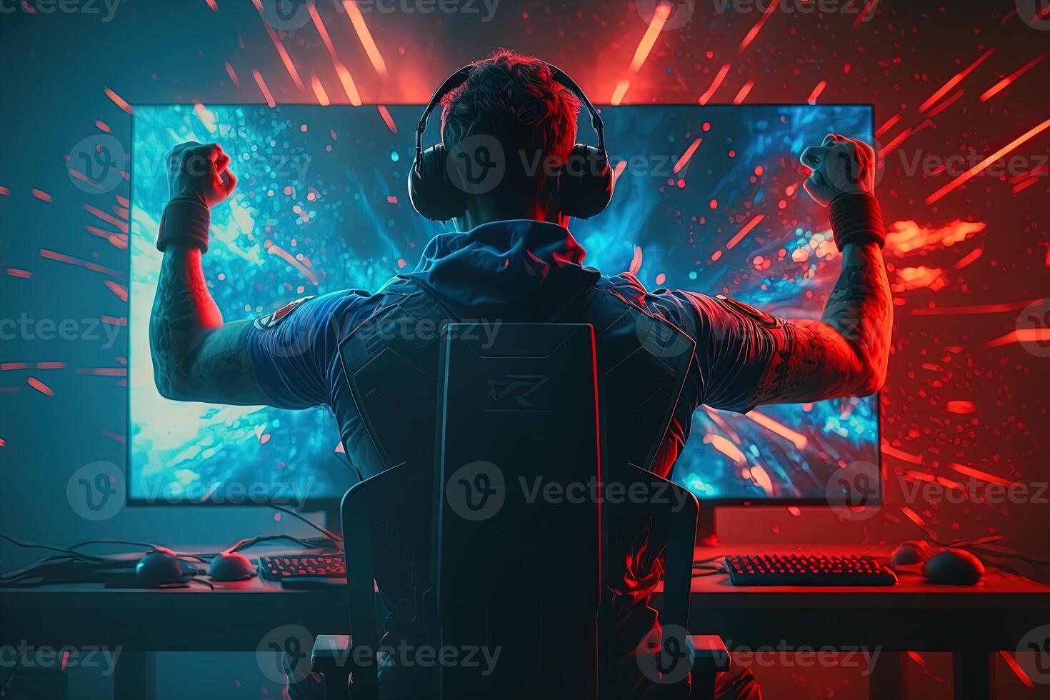 Professional eSports gamer rejoices in the victory in red blue illuminated game room. Gamer celebrating victory. Winning an eSports game. . Electronic sports player rejoices victory photo