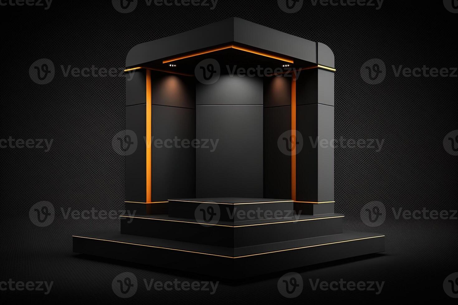 black background and product podium stand studio. Elegant black cube stand for product placement mockup. Minimal box platform showroom with spot light. photo