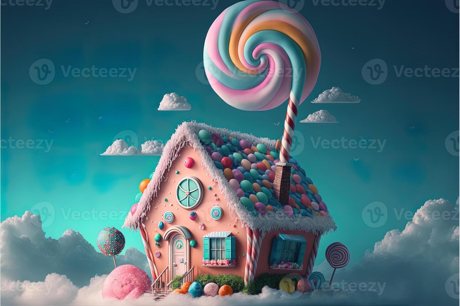 Christmas decorations with colorful gingerbread pink house and colorful candy on white cloud. Winter holidays new year and xmas composition. Amazing fairy Christmas house. photo