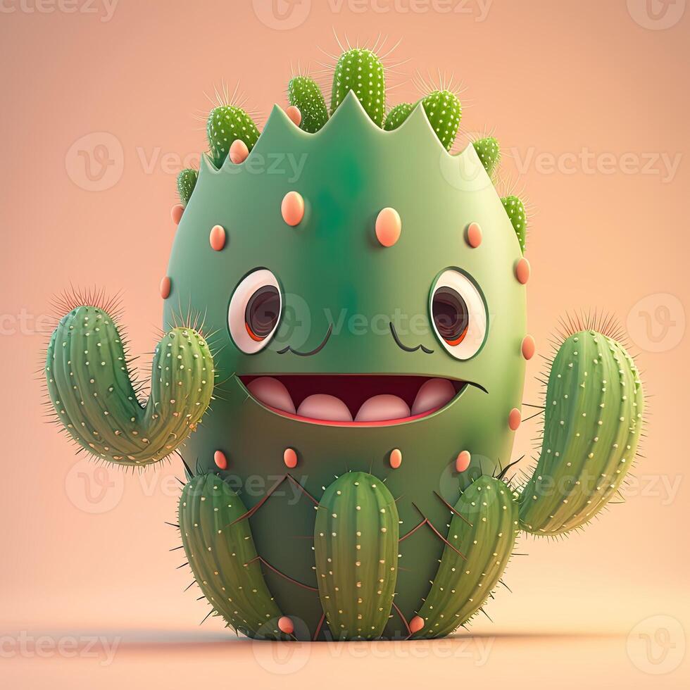 colección de feliz, sonriente, alegre dibujos animados estilo Dom caracteres para verano, vacaciones diseño. dibujos animados cactus sonriente avatar generativo ai foto