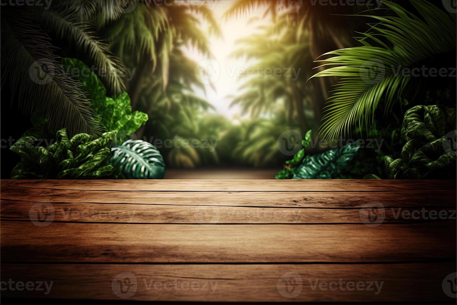 Tropical background with a wooden table on the forefront and lush vegetation with lots of copy space, perfect for editing with your product. Empty ready for your product display. photo