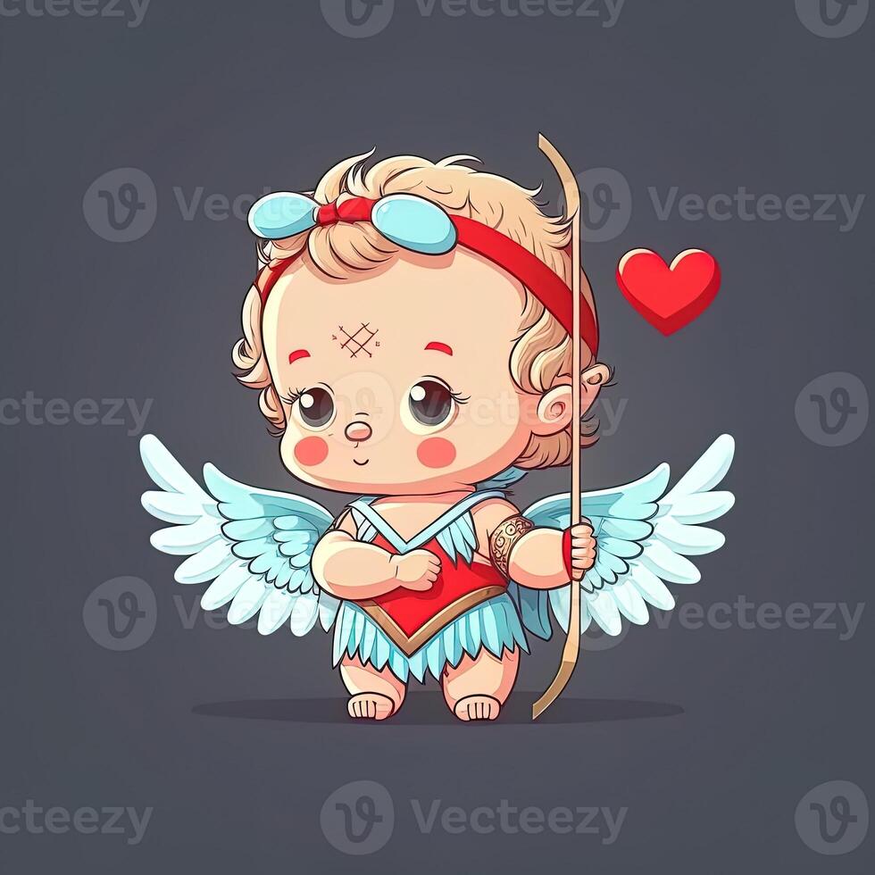 adorable baby cupid beautiful portrait, full body hand holding a bow and arrow, cartoon style character. Love and valentine concept. photo