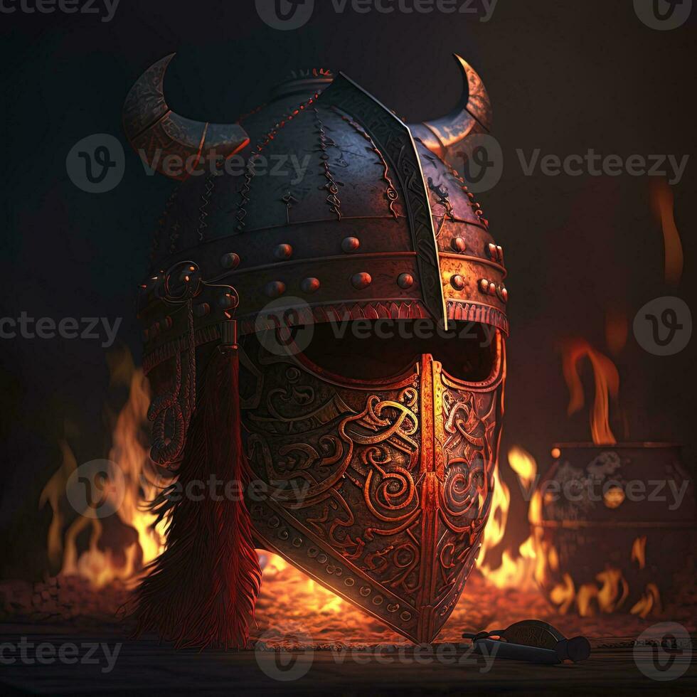 Generative A iron and leather viking helmet glowing with deep red fire, light shimmering. Focus metal viking warrior helmet with horns and runes photo