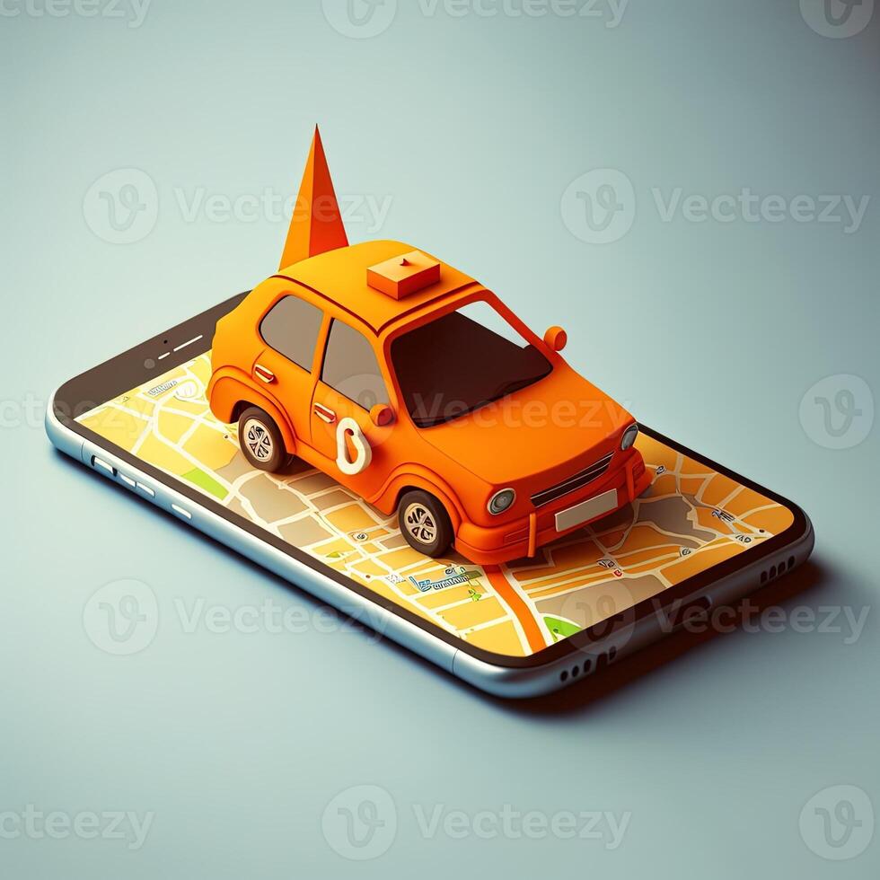 Online mobile application taxi ordering service , Orange taxi car driving along the route to the marker on a smart phone, on a city map. Car and satellite navigation systems concept. photo