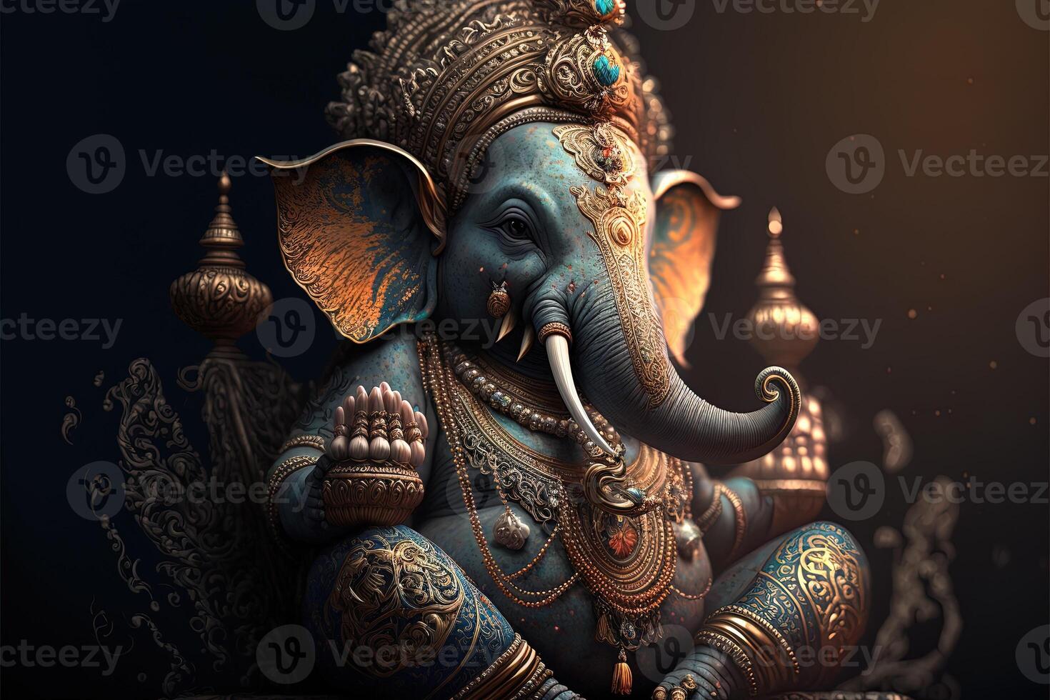 on statue of Lord Ganesha , Ganesha Festival. Hindu religion and Indian celebration of Diwali festival concept on dark, red, yellow background and copy space photo