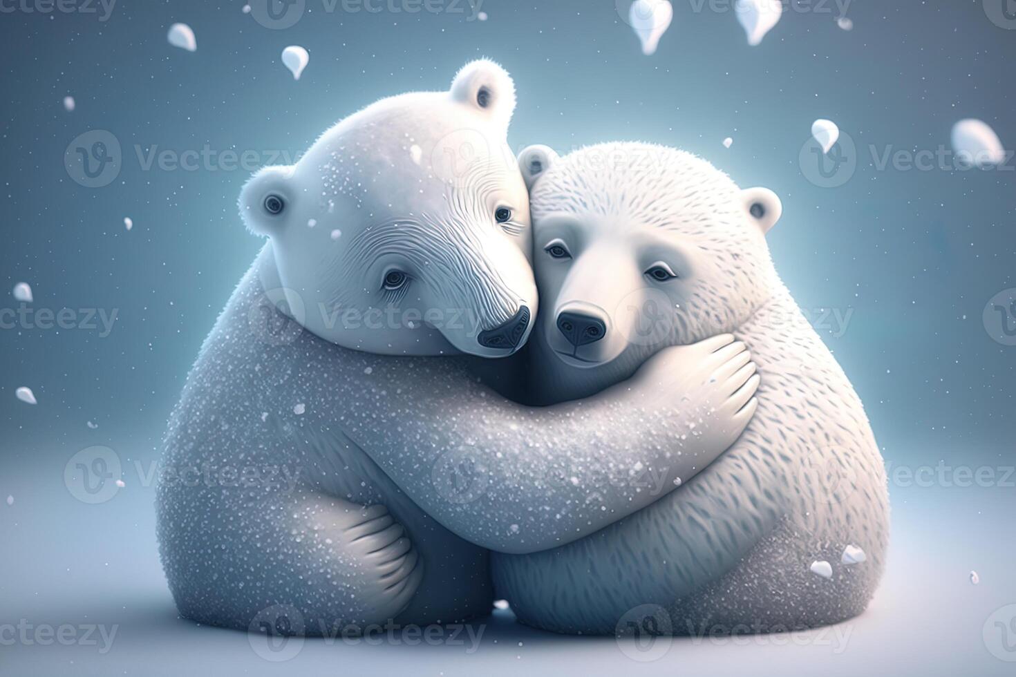 Two cute polar hug together in white snow background. Mother and baby polar bear cuddling as family in snow in winter. photo