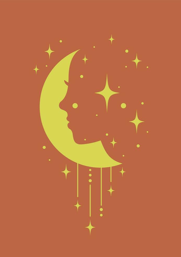 perfil de mujer con Luna místico dibujo póster. lleno Luna boho minimalista imprimible pared Arte. tarot resumen celestial tarjeta vector