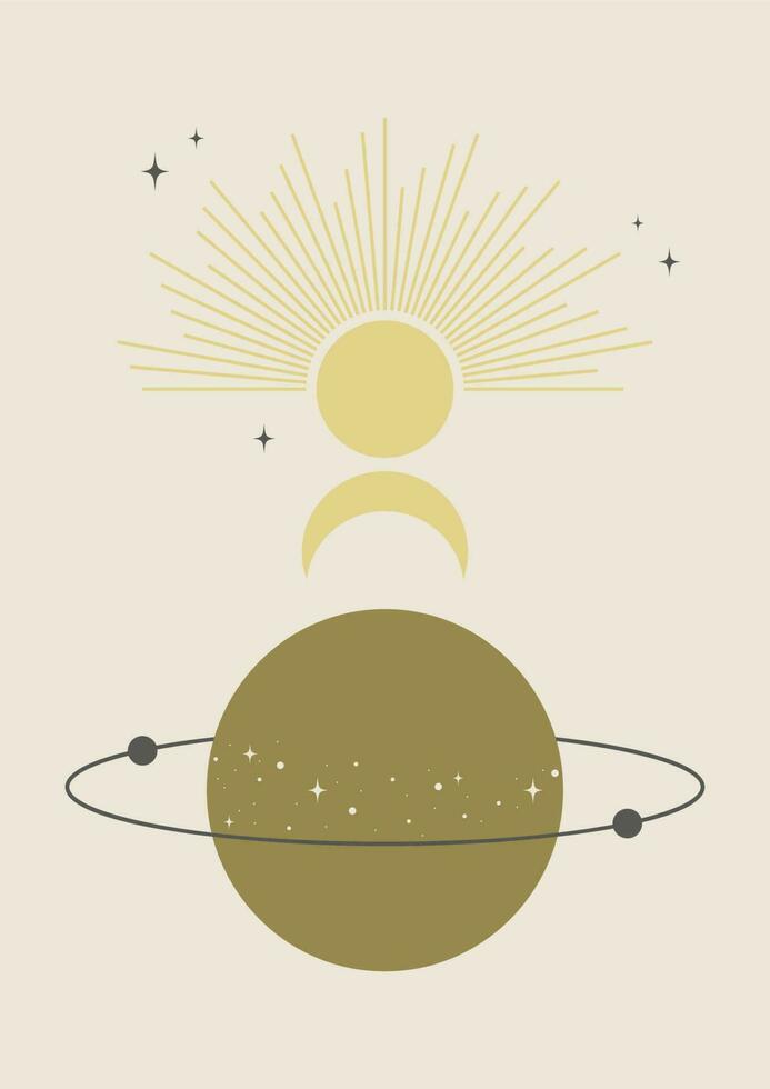 Vector illustration poster of astrology mystic background. Outer space and planets. Saturn with satellite printed wall art. Tarot card universe vector illustration.