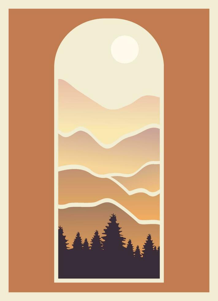 Minimal mountain landscape view throw the window poster. Modern boho background with sun and mountains, gradient wall decor. Vector a4 art print