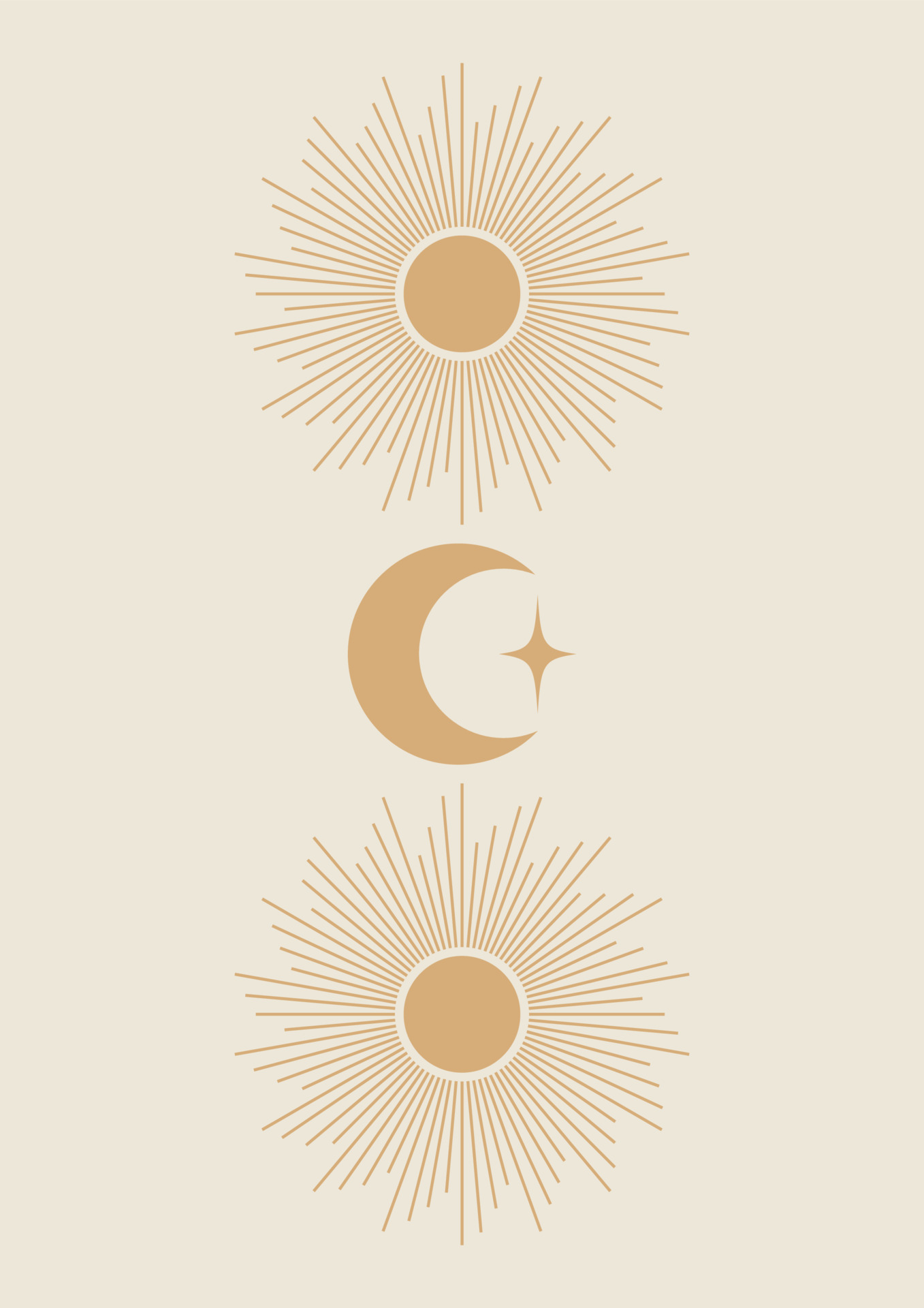 Mystical drawing of moon and sun illustrator poster. Boho minimalist