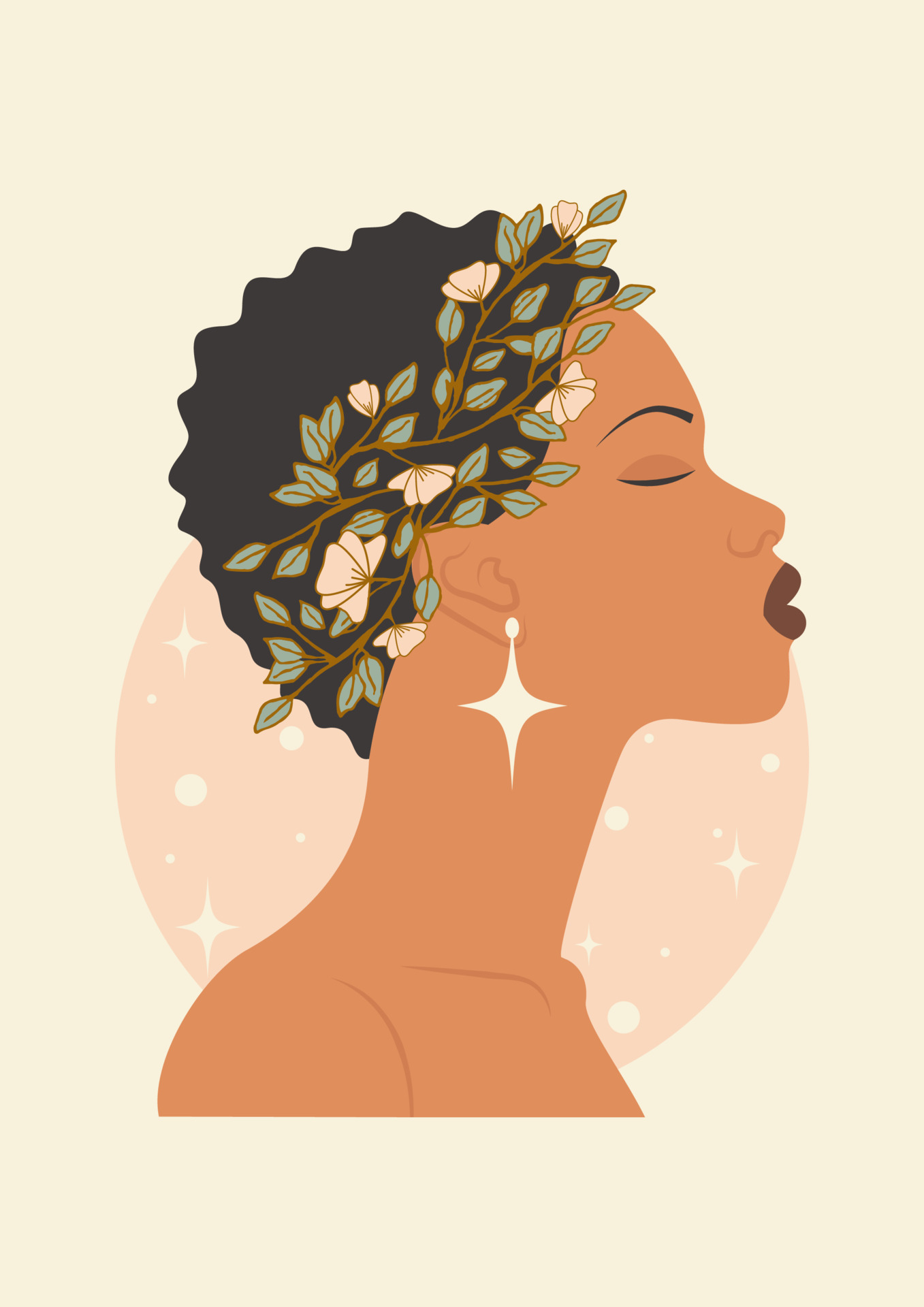 Beautiful woman profile botanical boho illustration print. Vector