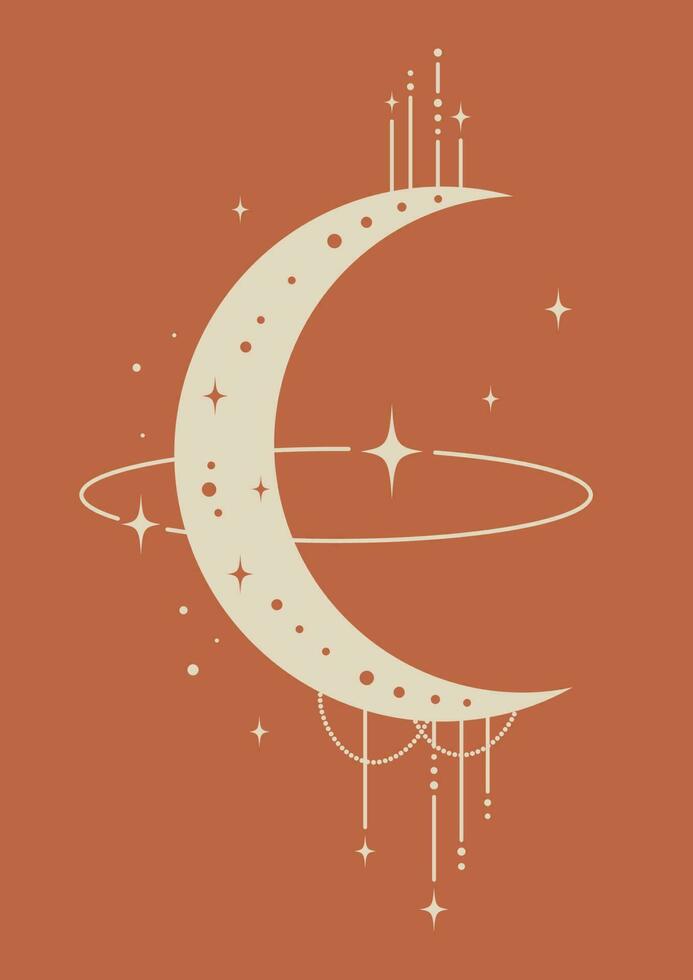 Mystical drawing of moon and outer space poster. Brown boho minimalist printable wall art. Geometric abstract celestial card. Tarot card universe vector illustration.
