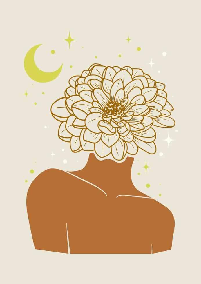 Mystic woman with flower head - feminine concept illustration. Beautiful aesthetic woman shoulders with stars. Flat style vector design