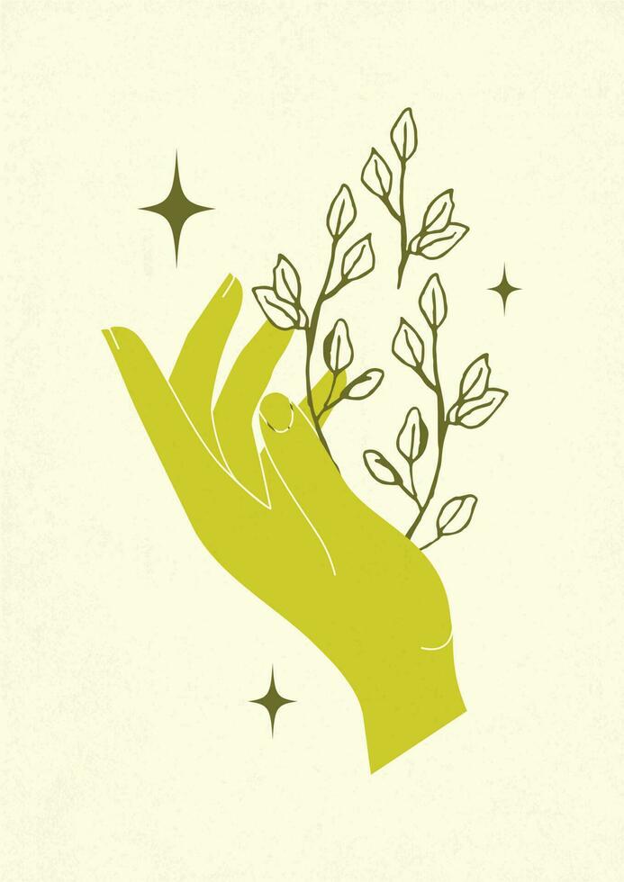 Hand holding herbs mystic printed wall art. Tarot card with stars minimalist illustration. Aesthetic bohemian artwork, vector