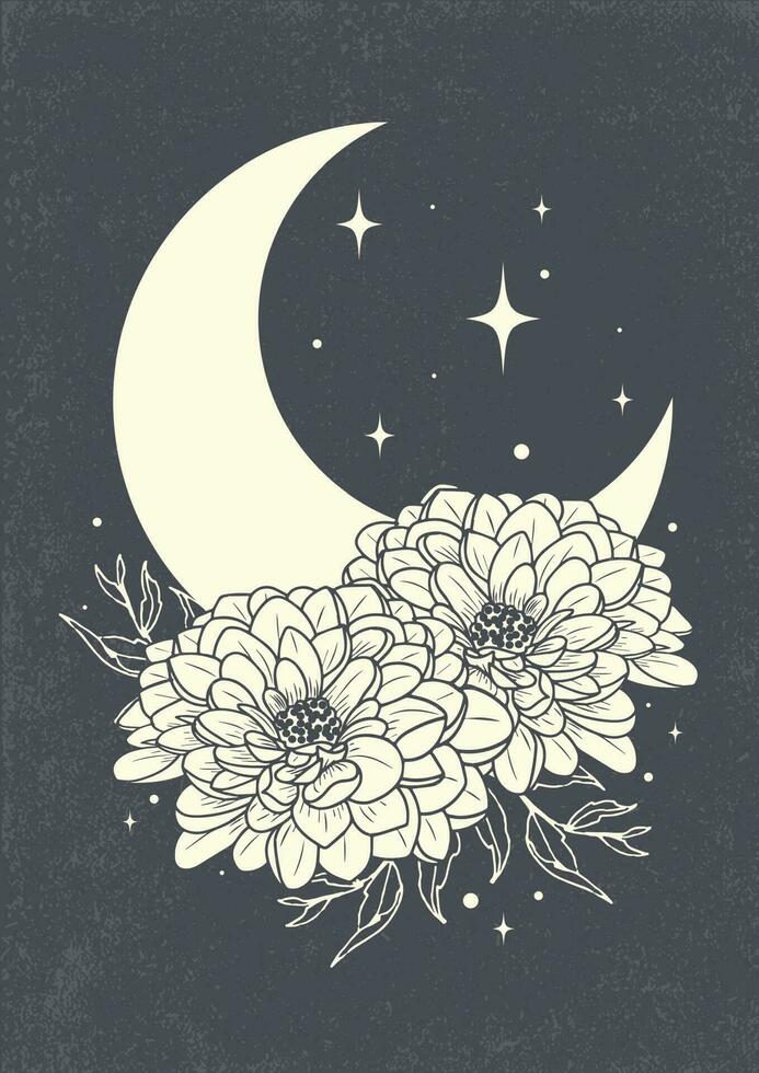 Crescent moon with peony flowers and stars illustration poster. Floral magic celestial clipart for decoration, print. Vector vintage black art.