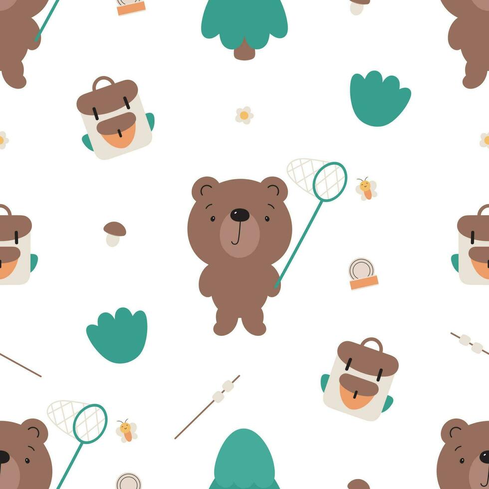 Seamless pattern of camping elements and cute bear. Colorful vector illustration in flat cartoon style.