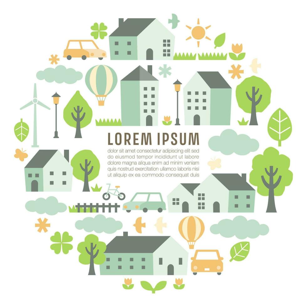 Rural landscape illustration in a circular form with houses and trees vector