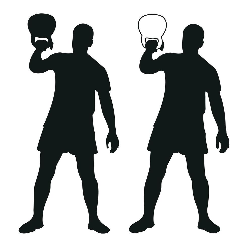 Set silhouettes athletes weight lifter lift kettlebell, weights. Weight lifting. Pull, push, bench press vector