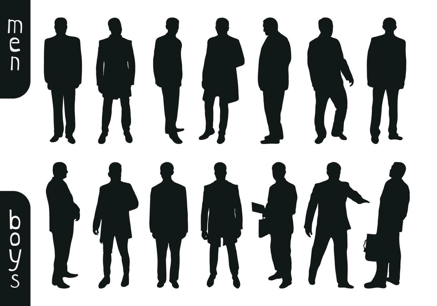 Vector silhouettes of men, male, guy, boy. Business men, entrepreneur, executive, workers, friends, students, demonstrators, workers, professor, audience