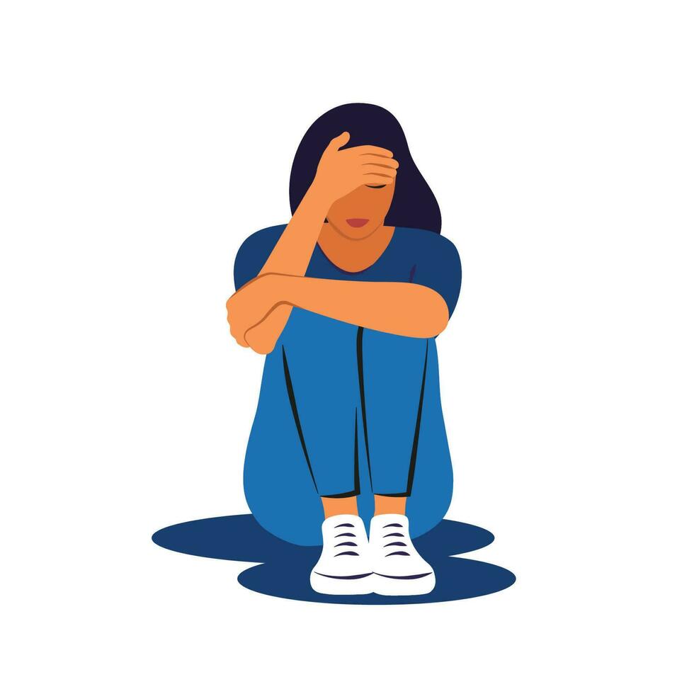 Woman in depression with bewildered thoughts in her mind. Young woman confused. Anxiety disorder. Vector illustration